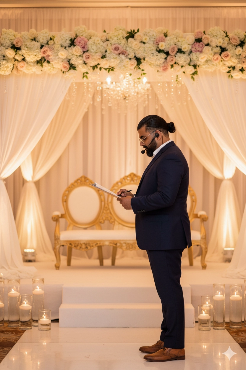 South Asian wedding planner checking a run of show in an Atlanta ballroom
