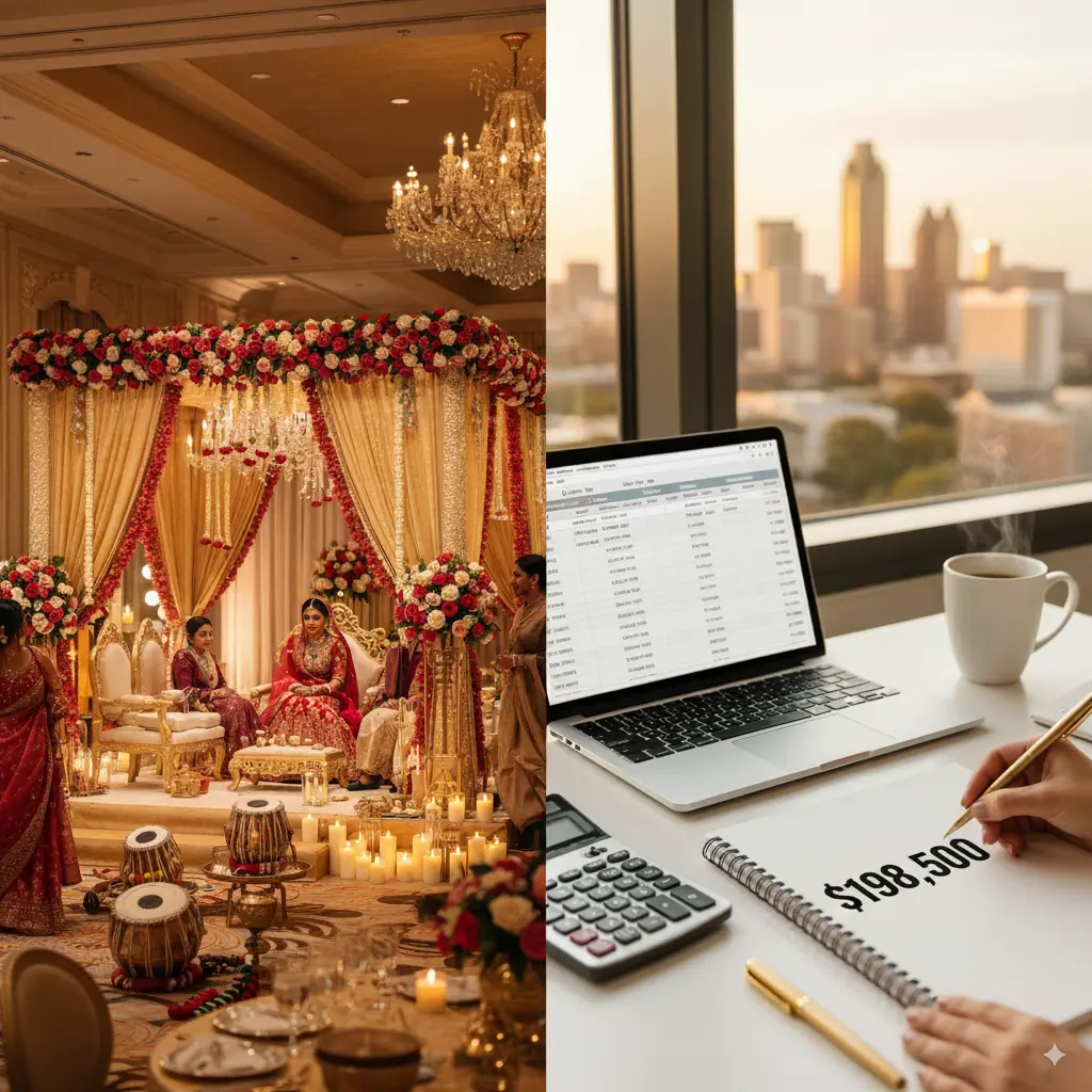 Vibrant South Asian wedding ceremony in Atlanta with elegant mandap and floral décor